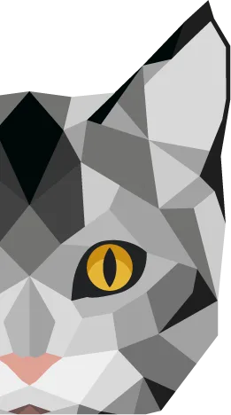 A geometric illustration of a gray cat&rsquo;s face with a yellow eye and black-tipped ear, created with angular shapes and sharp lines &ndash; Veterinary Vision Specialists
